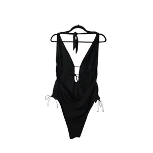 Black Plunge Tie Side‎ Ruched One Piece Swimsuit Adjustable Bathing Suit XS thumbnail 9