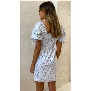 Faithfull The Brand Wendy Smocked Mini Puff Sleeve Floral Dress White Blue XS thumbnail 2