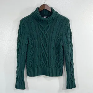 Lands End Drifter Womens M 10-12 Cotton Cable Knit Roll Neck Sweater Dark Green thumbnail 2