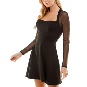 NWT City Studio Juniors Sheer Long Sleeve Mesh Fit Flare Skater Dress Black 0 thumbnail 3