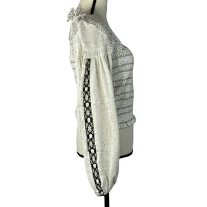 Free People Maggie Medium Embroidered Top Square Neck Smocked Puff Sleeves Ivory thumbnail 4