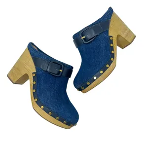 Veronica Beard Dacey Denim Clogs Heels Studded Buckle Wood Blue‎ Size 9.5 thumbnail 1