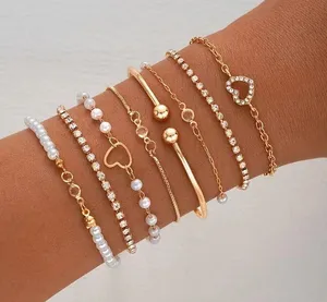 NEW Set of 8 fashion bracelets, open cuff bangle, pearl and gold jewelry, anklet thumbnail 1