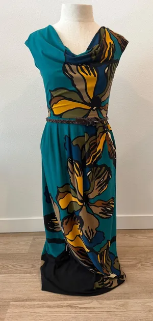 Danny & Nicole Teal Floral Cowl Neck Maxi Dress Sleeveless Belted XS thumbnail 1