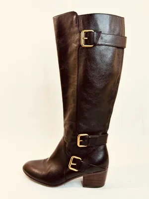 Isola Dark Brown Leather Riding Boots, Stacked Heels, Brass Buckles, size 9.5 thumbnail 11