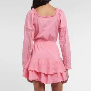 LoveShackFancy Sanaya Dress XL Vivid Pink‎ Long Sleeve Ruffle Tiered Lace Trim thumbnail 3