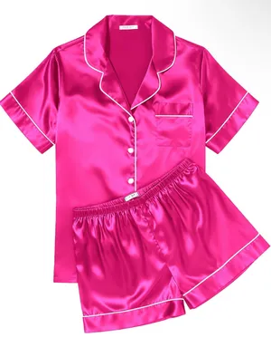 Amazon - Pink satin pajama set with white piping size small good condition thumbnail 1
