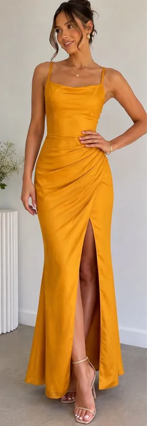 STACEES Open Back Marigold Bridesmaid Formal Evening Wedding Gown Size 0 thumbnail 1