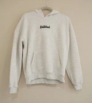 Edikted XS Oversized Heart Elbow Patch Embroidered Logo Hoodie Gray Heather thumbnail 1