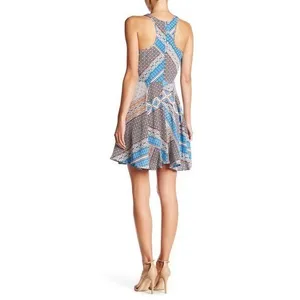 Yumi Kim Dress Womens Medium Blue‎ Geometric Mosaic Silk Fit Flare DR-1464 Mini thumbnail 2