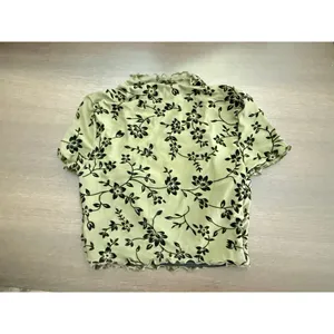 Floral Print Mock Neck, lettuce trim mesh lined crop top thumbnail 3