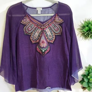 Chico's Top Purple 1‎ Women Embellished Sheer Bell Sleeve Boho thumbnail 1