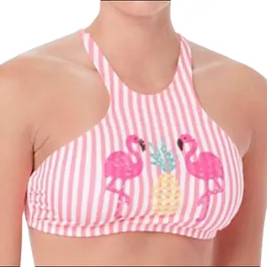 Coco‎ Rave Tropi Glow Pink Striped Flamingo Halter Bikini Top Size XL 38D thumbnail 1