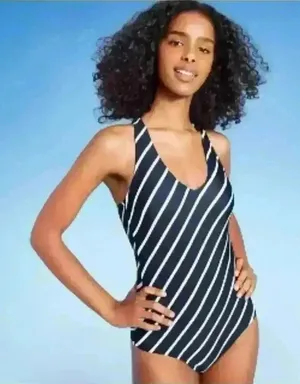 Kona Sol One Piece Blue Striped Swimsuit, Medium‎ thumbnail 1