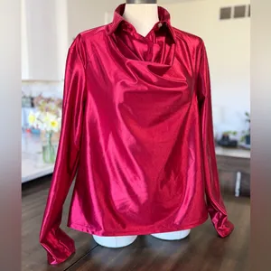Women's NEW Dark Red Satin Long Sleeve Blouse Size Large #260759 thumbnail 3