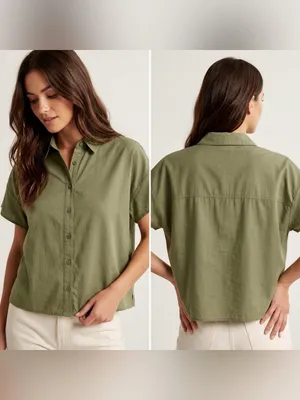 Lulu's Women’s Olive Button-Front Short Sleeve Collard Blouse Shirt Size Large thumbnail 2