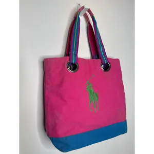 1980s–90s Ralph Lauren Polo Canvas Tote Bag Pink Blue Big Pony Cotton Carryall thumbnail 4