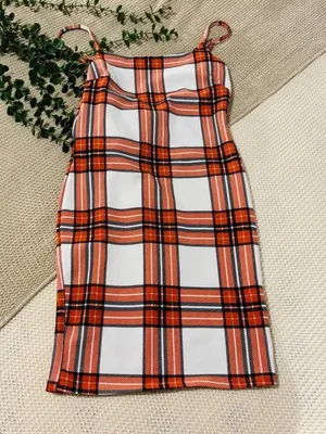 Almost Famous Orange & White Plaid Bodycon Slip Mini Dress - Size Small thumbnail 1