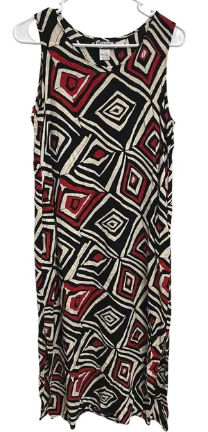 Vintage‎ 90s Caribou Geometric Abstract Artsy Midi Dress Black Red Sleeveless M thumbnail 1