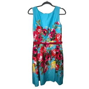 Chetta B‎ Floral Turquoise Fit Flare Dress Size 6 Pink Belted Sleeveless Garden thumbnail 11