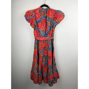 Ulla Johnson Ottilie Hypnotic Flamingo Cotton Midi Dress Puff Sleeve Coral Sz 0 thumbnail 3