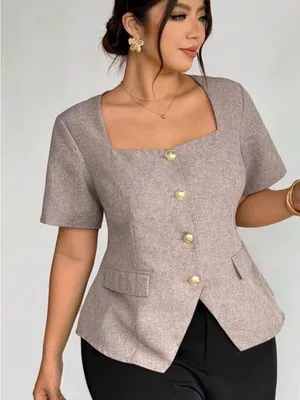SHEIN Women’s Short Sleeve Blazer Tops Gold Buttons Set of 2 size 1XL ( 14 US ) thumbnail 3