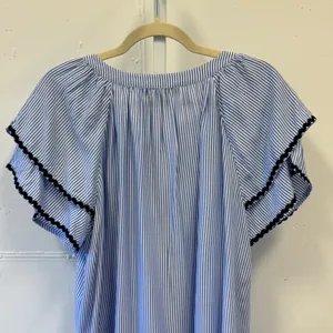 LOFT Striped Flutter Sleeve Tassel Tie Blouse Top Size Large Women's Blue‎ White thumbnail 4