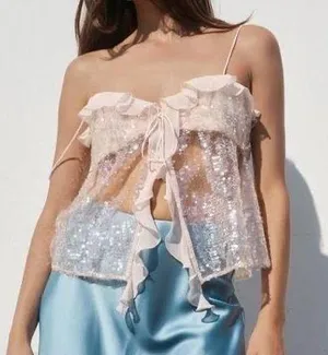 ZARA Sequin Ruffle Sheer Top thumbnail 1