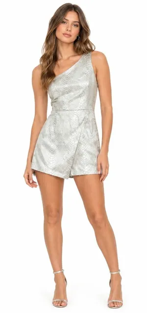 Pants Store One Shoulder Snakeskin Print Romper Silver Metallic Skort Size M thumbnail 1