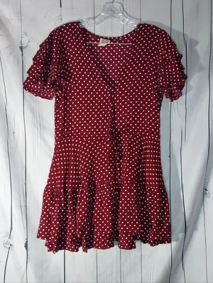 BaliElf V- Neck Short Flutter Sleeves Polka Dot Ruffle Boho Retro Summer Dress thumbnail 1