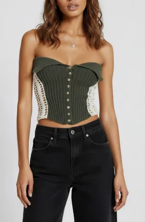 JADED LONDON Akio Knitted Corset Top, Olive, XS thumbnail 1