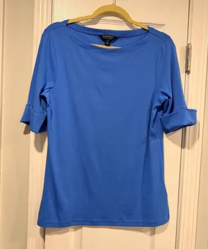 NWOT LRL Ralph Lauren Size L Blue Top Cuffed Short Sleeve Stretch Classic Logo thumbnail 1