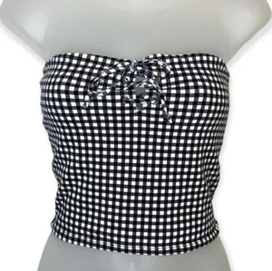 Me to We Gingham Lace Up Strapless Crop Top Black White Size S thumbnail 1