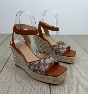 Coach Women's Signature Jacquard Espadrille Wedge Sandals 6.5B Cocoa Amber $175 thumbnail 1