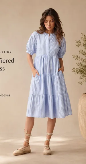 English Factory Blue White Striped Tiered Puff Sleeve Midi Dress L thumbnail 1
