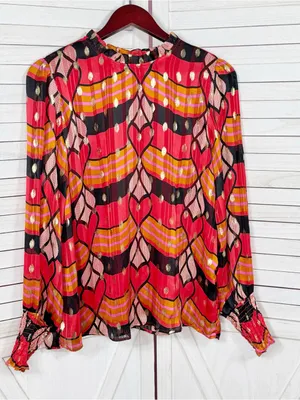 J Joie Printed Metallic Polka Dot Blouse Red Black‎ Pink Multi Large Smocked thumbnail 7