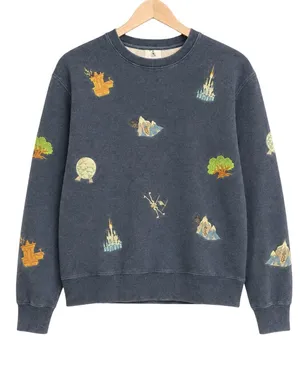 Disney Parks Embroidered Ride Icons Crewneck Sweatshirt Blue Fleece unisex men M thumbnail 1