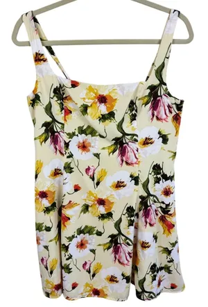 Abercrombie & Fitch Yellow Floral Mini Dress Square Neck Smocked Back Womens L thumbnail 1