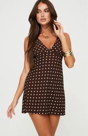 Brown Polka Dot Nellie Mini Dress Princess Polly thumbnail 1