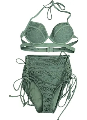 Hula Honey Strappy Lace Up Crochet Bikini Top & Bottom Set Green Size Medium thumbnail 1