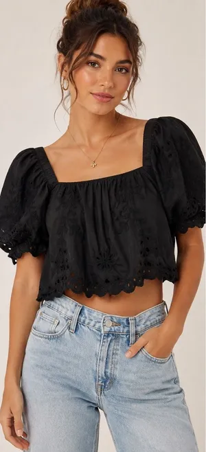 American Eagle Black Eyelet Embroidered Tie Back Crop Top Small Square Neck Puff thumbnail 1