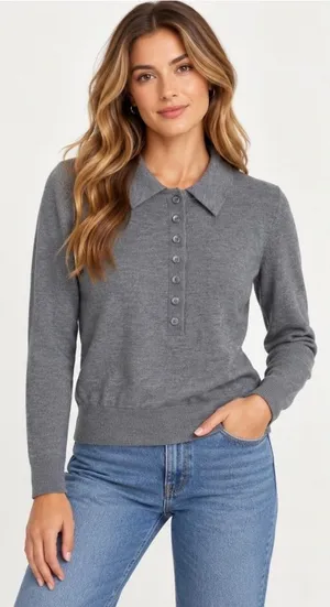 Zara Gray Marl Knit Wool Blend Polo Sweater S Long Sleeve Collared Lightweight thumbnail 1