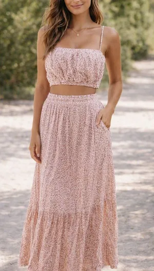Abercrombie Animal Print Crop Tank Top & Maxi Skirt Matching Set Pink M/L thumbnail 1
