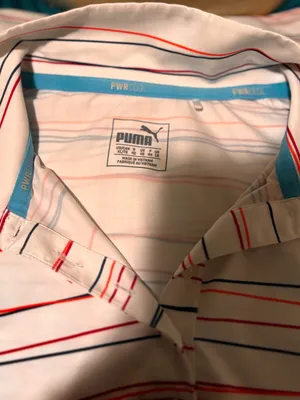 PUMA women’s White Striped Polo Shirt with fuscia, orange &Navy Accents size XL thumbnail 3