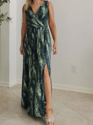 Zinzane Green Animal Print Maxi Dress Size S Deep V Tie Shoulder Resort thumbnail 2