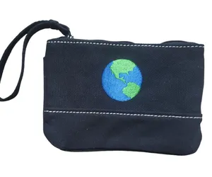 Lands’ End Canvas Pouch‎ Makeup Toiletry Bag Kit Black Embroidered Earth 6"x4" thumbnail 1