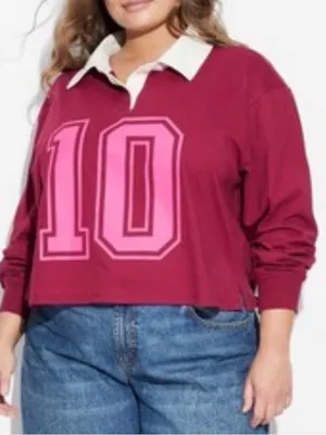 Plus-Size Burgundy Rugby Crop Sweatshirt with Pink '10' Graphic thumbnail 1
