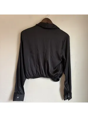 Signature 8 Black Satin Twist Front Cropped Blouse Long Sleeve Top Size M thumbnail 5