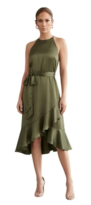 Jennifer Lopez Halter Ruffle Satin Dress Olive Green Cocktail Party Wedding‎ S thumbnail 1