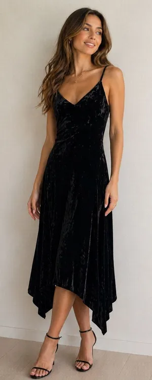 Leith Crushed Velvet Midi V Neck Flared Hem Black Cocktail Dress Extra Small thumbnail 1